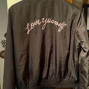 Forever 21 Black Satin Bomber Jacket with Pink "Love Yourself" Embroidery